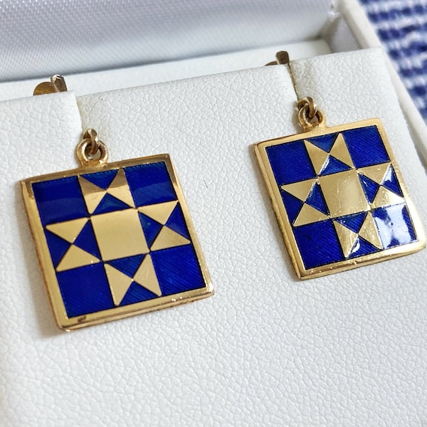 1970s Monique Olivier Enamel Earrings - Quebec Canada - Square Drop Earrings - Boxed - Screw Back