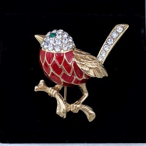 ATTWOOD & SAWYER Bird on Branch Brooch - Swarovski Crystal - 22ct Gold Plated - 3cm x 3.3cm
