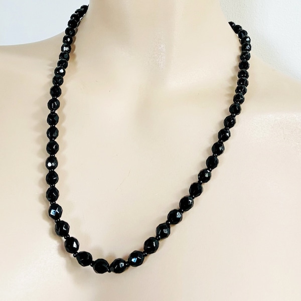 8mm Faceted Bead French Jet Glass Necklace, Victorian Revival, Gothic, 23in