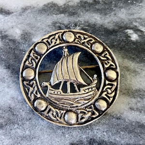 Sterling Silver Brooch - Viking Ship & Celtic Knotwork - Cook Holland, Birmingham 1956