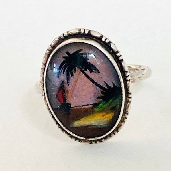 Thomas Lyster Mott Reverse Painted Art Deco Ring - Butterfly Wing - Sterling Silver - TLM Tropical Beach Scene - 2.9g