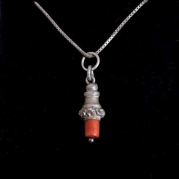 Small Victorian Coral Fob Pendant - Solid Silver Cap - 2.1cm Length - Antique Fob Charm - 16in 925 Sterling Box Chain