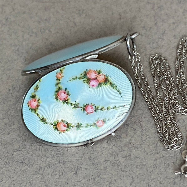 Large Guilloche Enamel Locket - European 935 Argentium Silver - Hand Painted Rose Garlands - 18in Sterling Prince of Wales Chain - 24.5g