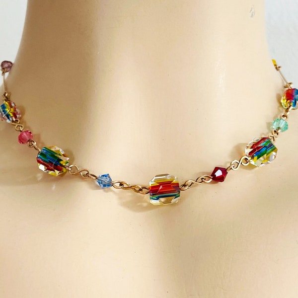 Deco Rainbow Cane Bead Choker Necklace - Rolled Gold Links - Bohemian Glass -  7.5g - 15in Length