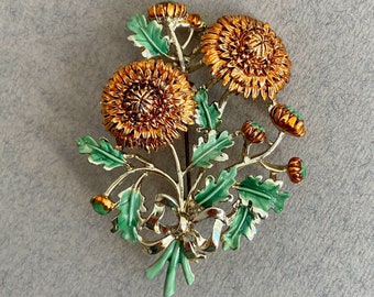 Large Signed Exquisite Chrysanthemum Brooch - Birthday Flower Series - Cold Painted Enamel - November Birthday