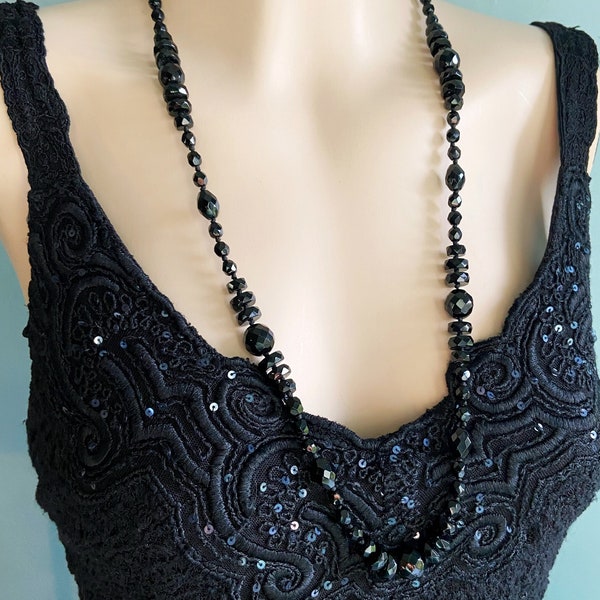 Deco French Jet Glass Necklace - Geometric Faceted Beads - Hand Knotted - Opera Length - 30 Inch - 52g