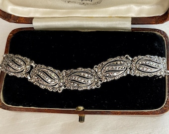 935 Silver & Marcasite Panel Bracelet, Open Work Waved Links With Safety Chain, 18g, Deco or Deco Style, 7 1/2in