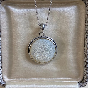 Carved Shell Pendant in Sterling Silver - Mother of Pearl Floral - Adjustable Chain