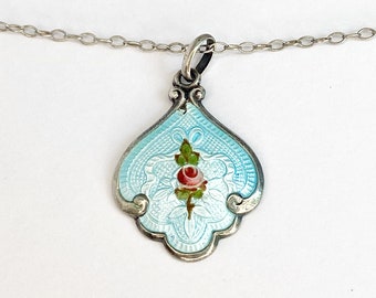 Art Nouveau Hand Painted Rose Pendant - Antique Guilloche Enamel - Solid - Antique 16in Silver Chain