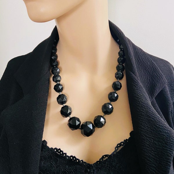 Craft Supply or Wear: Midcentury Chunky French Jet Glass Necklace - 23 Inch Length - Hand Knotted Black Faceted Beads - 138g