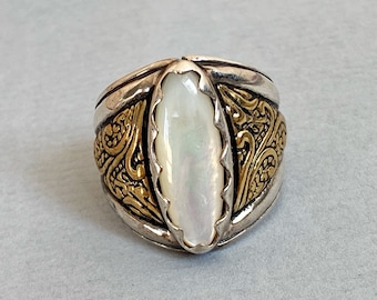 Carolyn Pollack Ring - Hallmarked Sterling Silver - Mother of Pearl Shell - Brass Panels - 11.6g - UK Size M