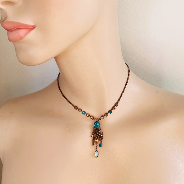 Pilgrim Danish Design Multi Length Necklace Choker, Butterfly Feather Charms, Bronze Tone, Champagne & Blue-Green Stones, 14 1/2in- 16in