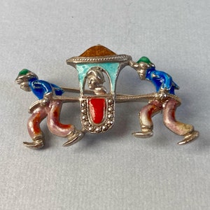 935 Argentium Silber Brosche - Chinesische Sänfte / Sänfte - Kaltemaille & Markasiten - Mid Century Vintage - 4 cm Länge - Europäisch