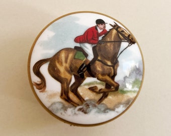 Hunting Scene Horse & Rider Lidded Pill Box, Staffordshire Bone China, Small Item Storage, 5.2cm Width