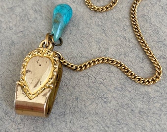 Rolled Gold Turquoise Gem Chatelaine Clip Heart Motif - Dog Clip and Chain - 16cm Length