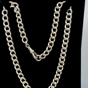 Antique Watch Chain/ Choker Necklace - Lion Passant Stamped Sterling Silver - Signed - 7mm Curb Link - Dog Clip Clasp - 15in Length