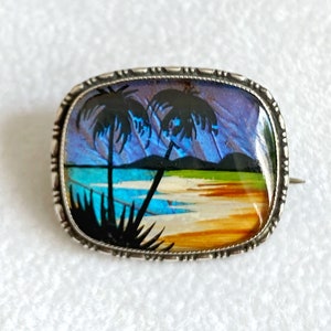 1920s THOMAS MOTT Art Deco Morpho Wing Brooch - Sterling Silver -  Tropical Beach Scene - 2.5cm Length