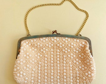 Vintage Pearlescent Beaded Evening Bag - Peachy Cream & White - Lined - Short Gold Tone Metal Chain  7 1/2 x 5 Inch