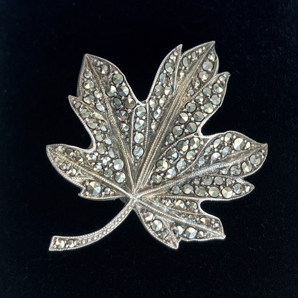 Karl Vallon 800 Silver Marcasite Leaf Brooch, Pforzheim Jewellery, Mid Century, 3.6cm