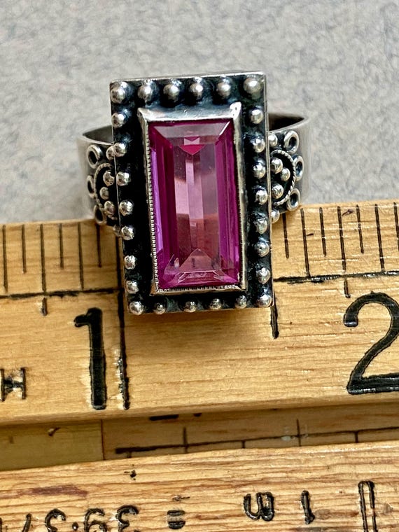 Russian 875 Silver Ring - Rectangular Pink Glass … - image 6