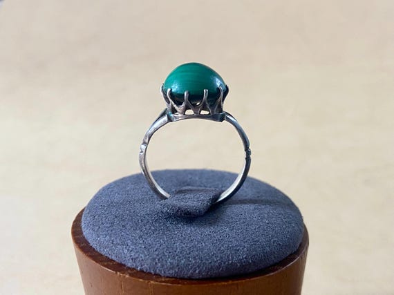 Vintage Malachite Solid Silver Ring - Coronet Set… - image 1