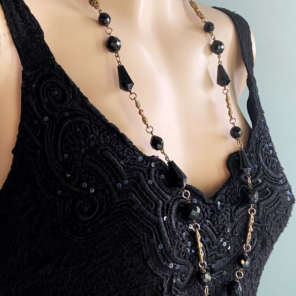 Midcentury French Jet Glass Necklace - Brass Filigree Links - Faceted Black Tear Drop Beads - 58g - 32 Inch