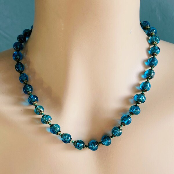 1940s Venetian Sommerso Glass Necklace, Teal Blue with Internal Gold Sparkles, Hand Knotted, Italian Art Glass, 18in