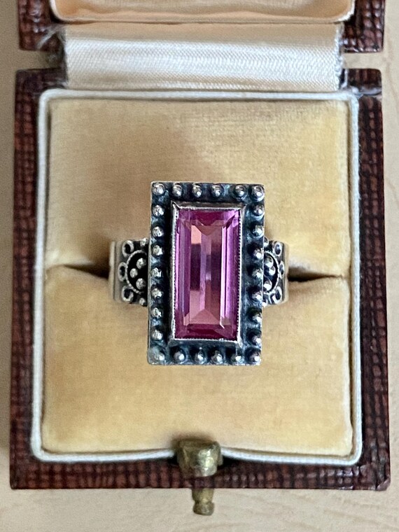 Russian 875 Silver Ring - Rectangular Pink Glass … - image 3