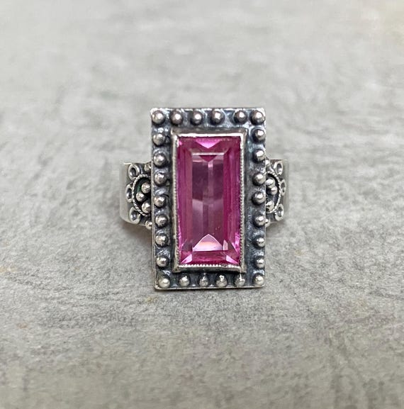 Russian 875 Silver Ring - Rectangular Pink Glass … - image 1
