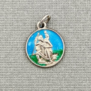 1970s Small Vintage Enamel Solid Silver St Christopher Charm -  Round Medallion Bracelet Charm