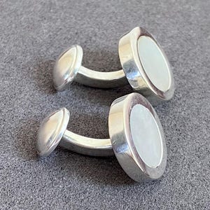 Vintage JAEGER Signed Mother of Pearl Cufflinks, Fixed Back, c. 1980s - 90s