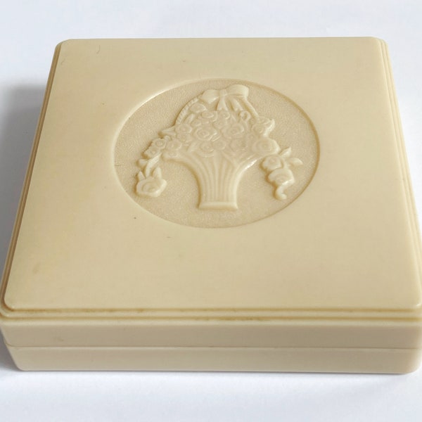 Art Deco 1930s Cream Bakelite Jewellery Presentation Box By Casecraft, Flower Basket Design, 7.6cm