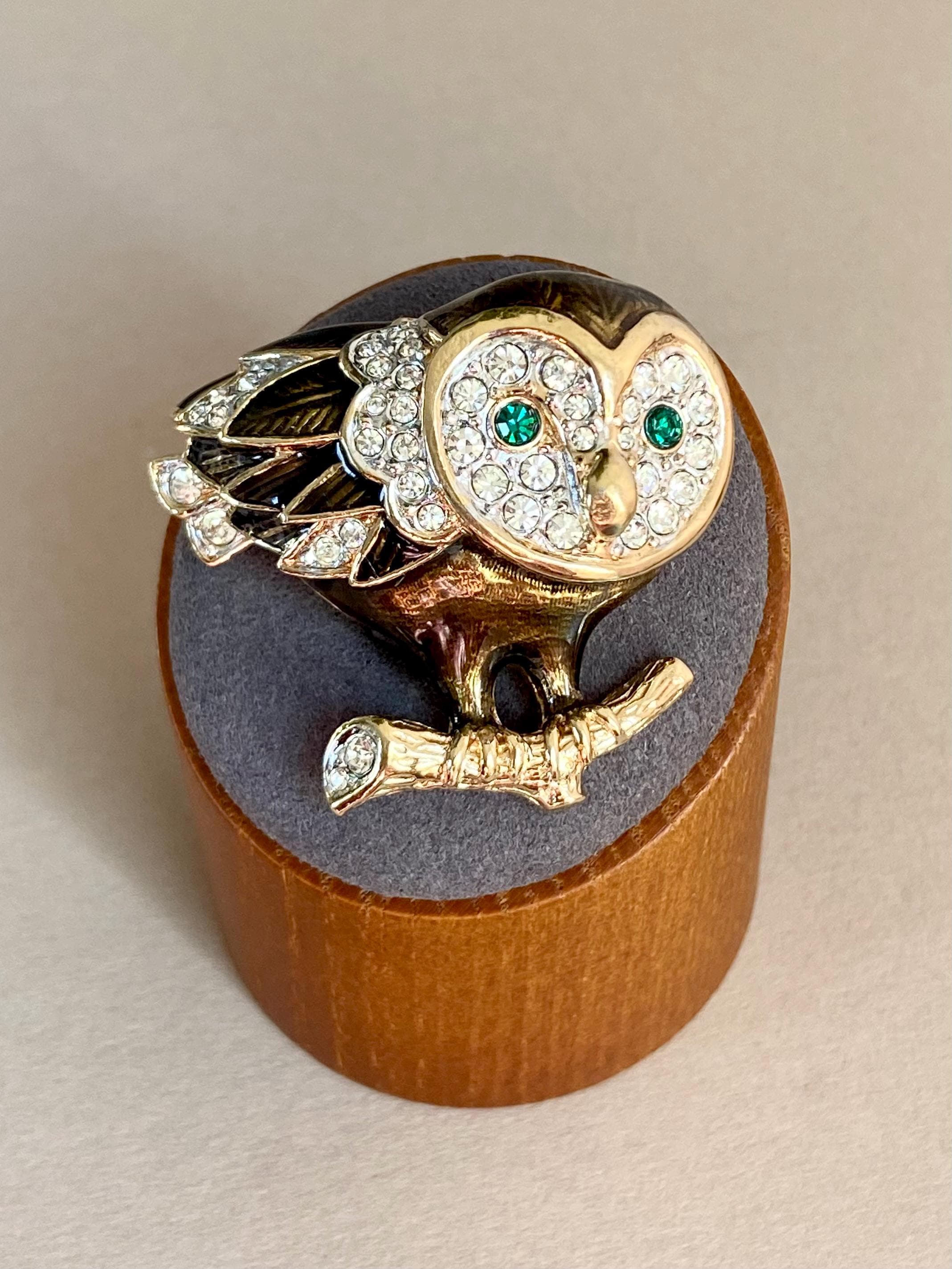 Vintage ATTWOOD & SAWYER Barn Owl Brooch - 22ct Gold Plate and Swarovski Crystal - Signed - c. 1