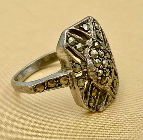 Vintage Marcasite Rectangular Face Ring - Solid S… - image 3