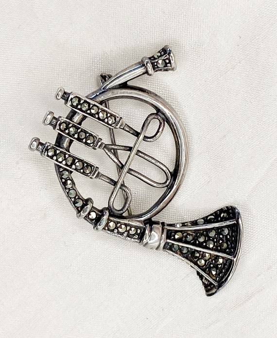 French Horn Brooch -Sterling Silver & Marcasite -… - image 2