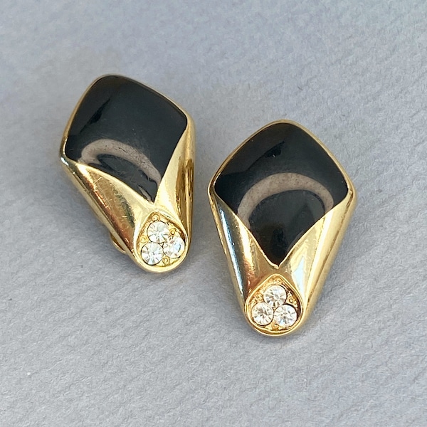 Signed 1980s Geometric Clip-On Earrings - Art Deco Revival - Black Enamel, Clear Crystal & Gold Tone/Plated