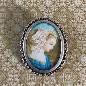 Hand Painted Portrait Brooch or Pendant - Mid Century - European 800 Silver