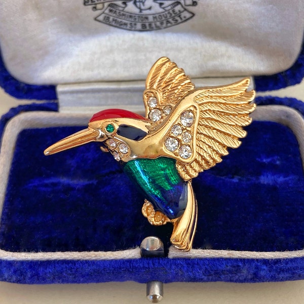 Small Attwood & Sawyer Kingfisher Brooch - Swarovski Crystal - 22ct Gold Plate - Multicolour Enamel - Bird Jewellery