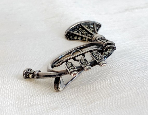 French Horn Brooch -Sterling Silver & Marcasite -… - image 3