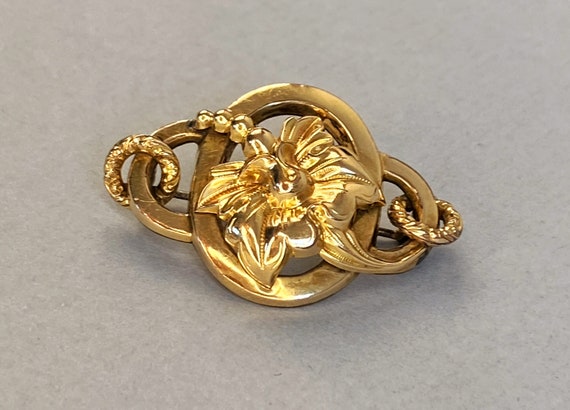 Antique French Gold Fixe Brooch - Exotic Flower M… - image 7