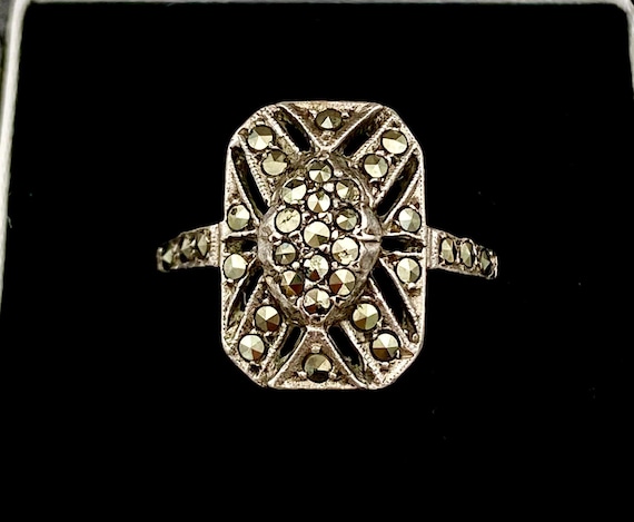 Vintage Marcasite Rectangular Face Ring - Solid S… - image 2
