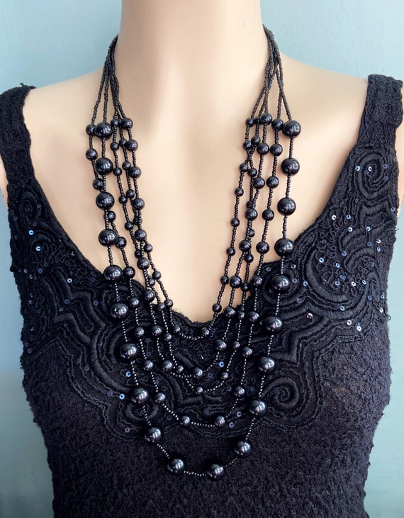 Black Bead Multi Strand Necklace, Antique Or Vinta