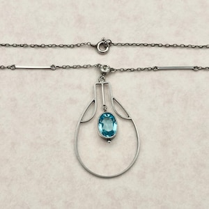 Antique Aquamarine Necklace - Art Nouveau - Solid Silver - 18 Inch Length