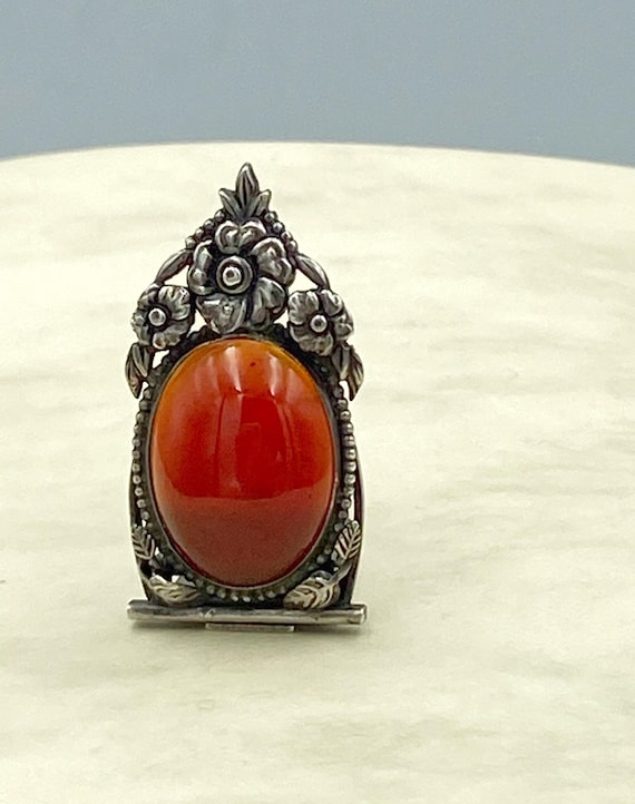 Art Deco European Argentium 935 Silver Dress Clip - Carnelian Gemstone - Floral Design - 3.3cm Length