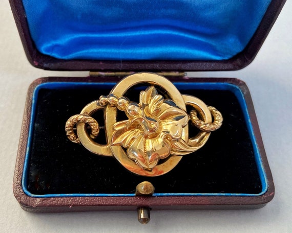 Antique French Gold Fixe Brooch - Exotic Flower M… - image 1