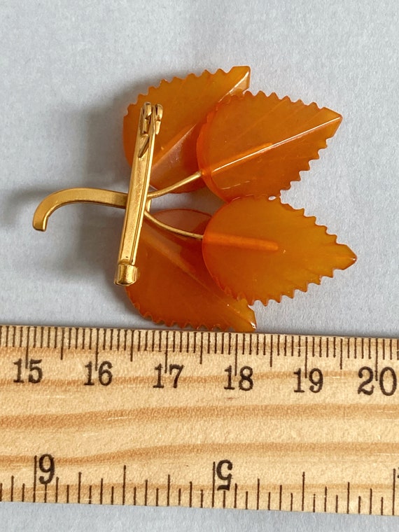 1960s Soviet Natural Carved Honey Amber Leaf Broo… - image 4