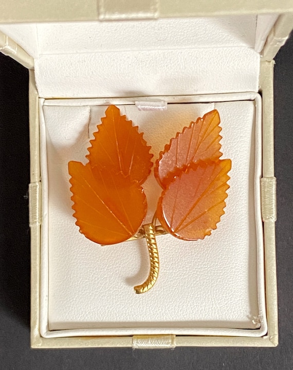 1960s Soviet Natural Carved Honey Amber Leaf Broo… - image 1