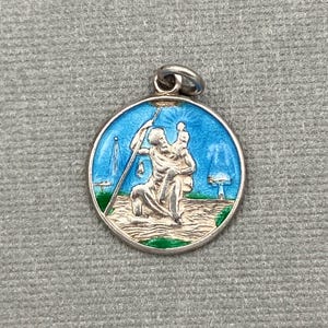 1970s Vintage Enamel Solid Silver St Christopher Charm -  Round Medallion Bracelet Charm