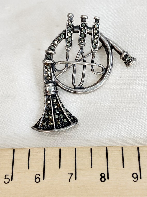 French Horn Brooch -Sterling Silver & Marcasite -… - image 4