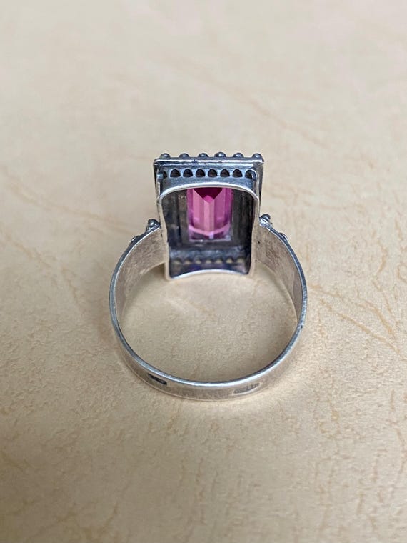 Russian 875 Silver Ring - Rectangular Pink Glass … - image 5